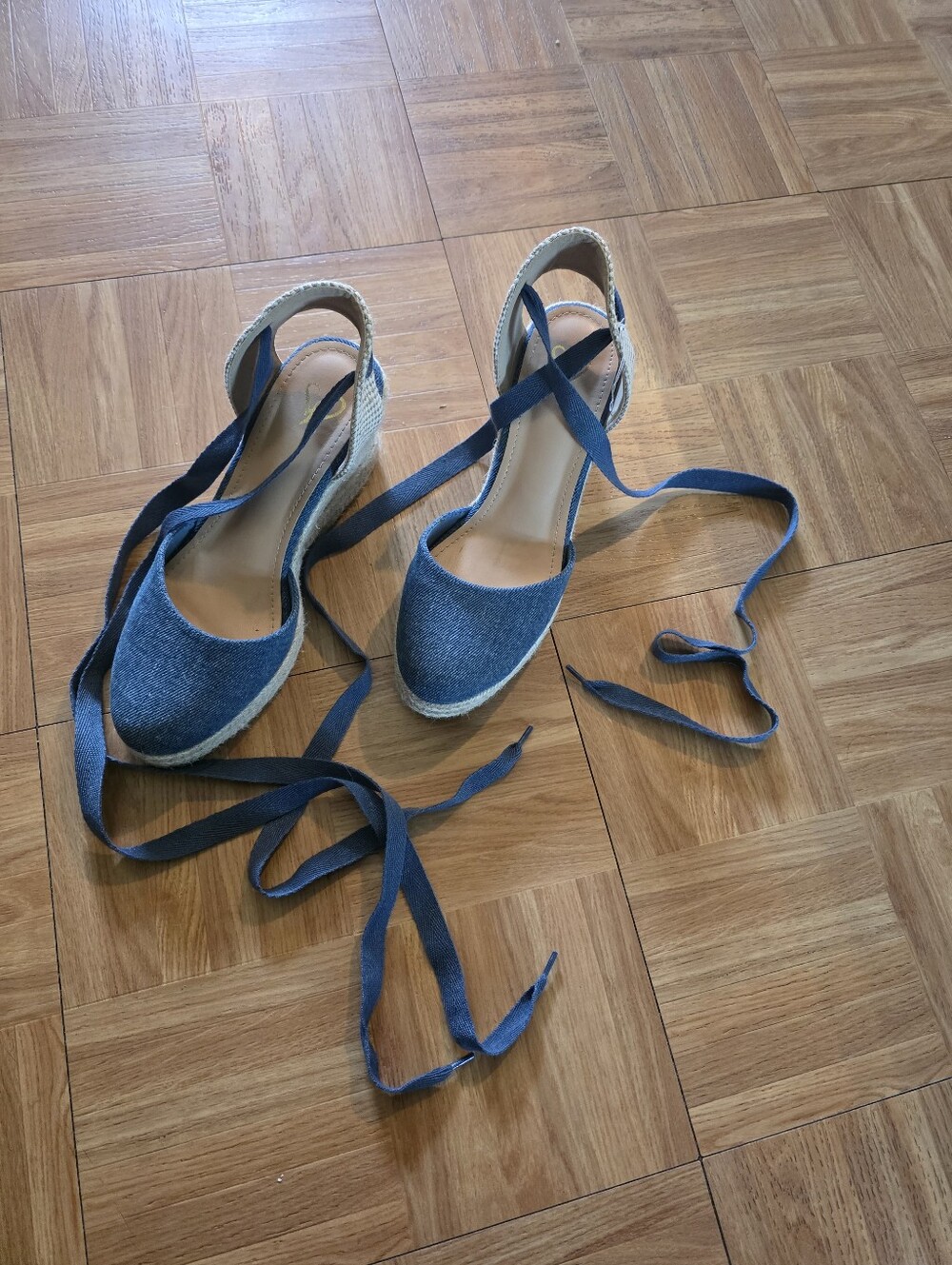 Blue denim wedge sandals with adjustable straps #wedges #denim
